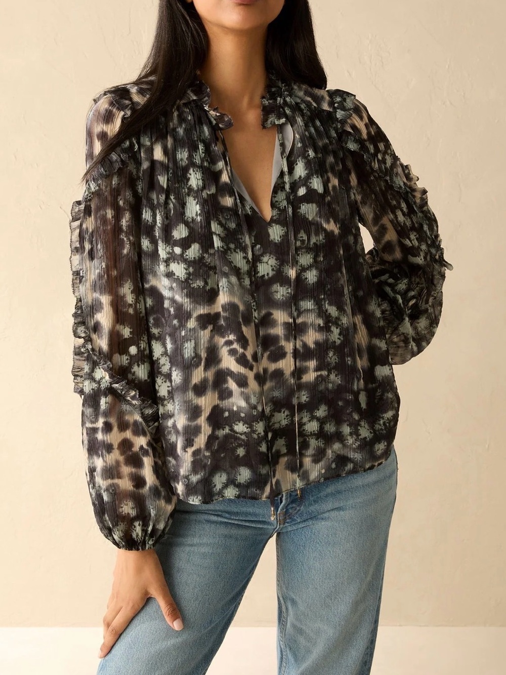 MARIE OLIVER Haley Silk-Blend Blouse Jade speckle Animal print